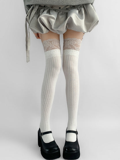 White/Black/Dark Gray/Beige/Light Gray Lace Trim Knitted Over-knee Stockings
