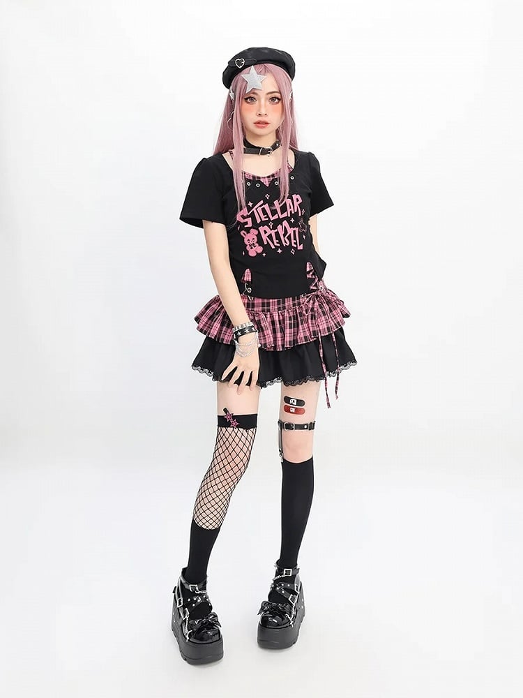 Y2K Black & Pink/Black & White Bunny Print T-Shirt Faux Two-Pieces