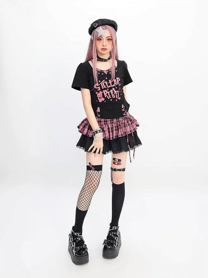 Y2K Black & Pink/Black & White Bunny Print T-Shirt Faux Two-Pieces