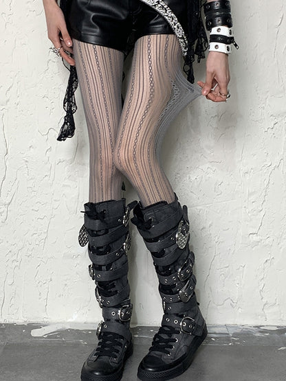 Gray Striped Pattern Hollow-out Design Y2K Tights