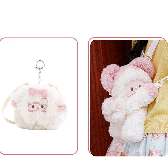 White&Pink Plush Cute Mouse Backpack/Crossbody Bag + 2 Options Backpack Keychain Small/Middle Size