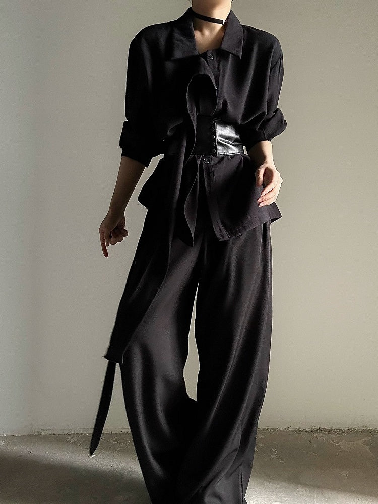 Ouji Lolita Black Retro Loose Pointed Collar Shirt with Long Draping Ribbon