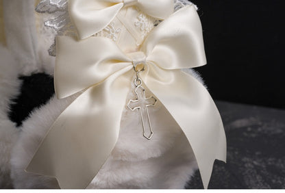 White Handmade Bow Cross Lace Trim Plush Earmuffs