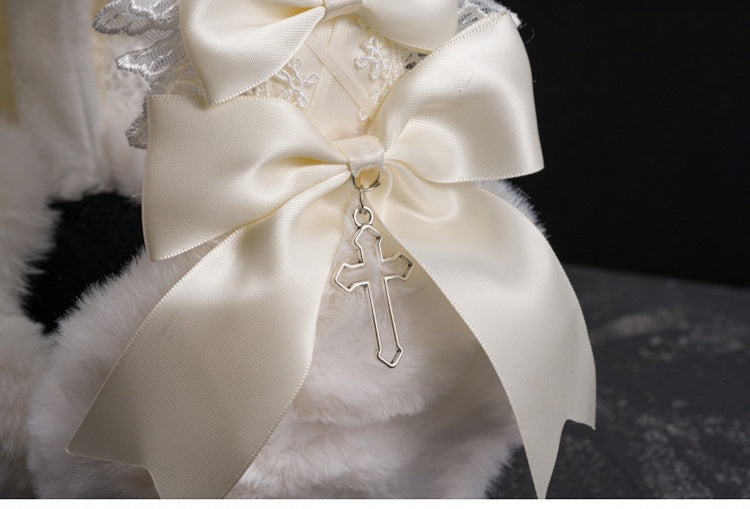 White Handmade Bow Cross Lace Trim Plush Earmuffs