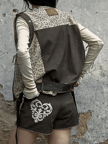 Brown and Gray Punk Streetwear Leopard Jacket with Detachable Sleeves