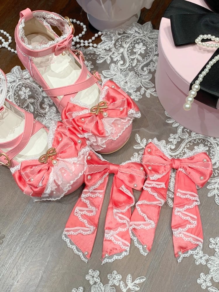 Peach Pink Beaded Decorated Bow at Top Crisscross Design Lace Trim Sweet Lolita Shoes