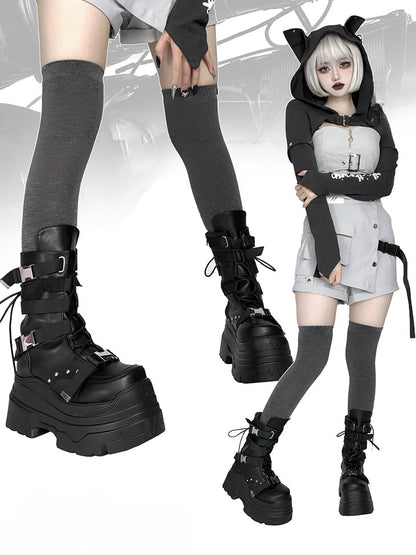 Matte Black Punk Stud Bandage Design Lace-up Details Platform Boots