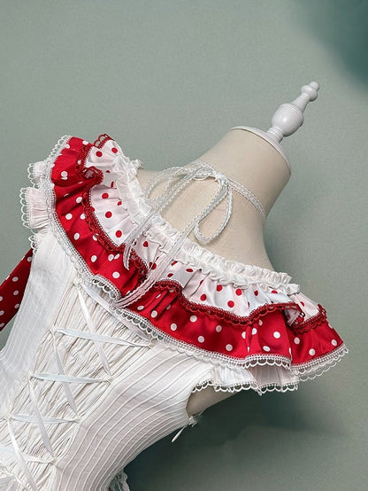 White and Red Polka-dot Bowknots on Bodice Tiered Skirt Sweet Lolita Jumper Skirt