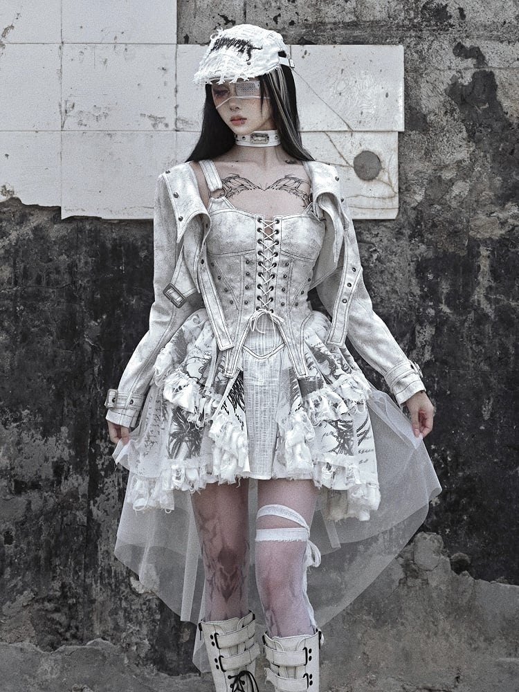 Grey Punk Buckle Closure Padded Shoulders Cropped Top