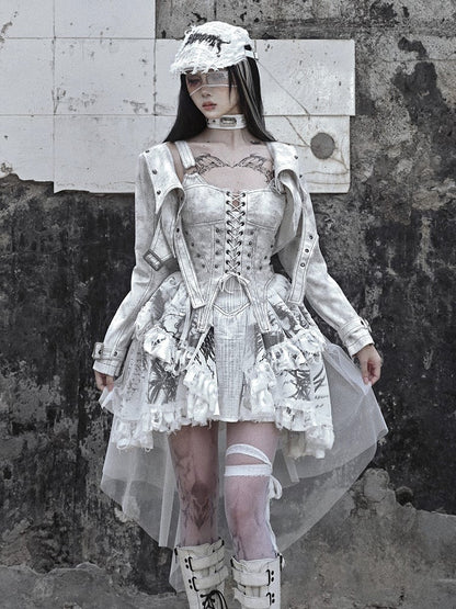 Grey Punk Buckle Closure Padded Shoulders Cropped Top