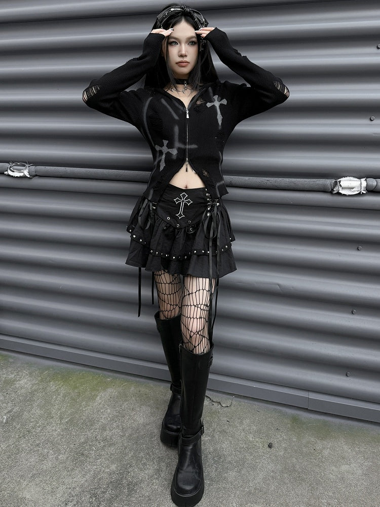 Gothic Punk Black Cross Applique Stud Accents Lace-up Detail Skirt