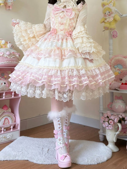 Apricot Bead Chain Bows Decorated Hanayome Lolita Princess Dress