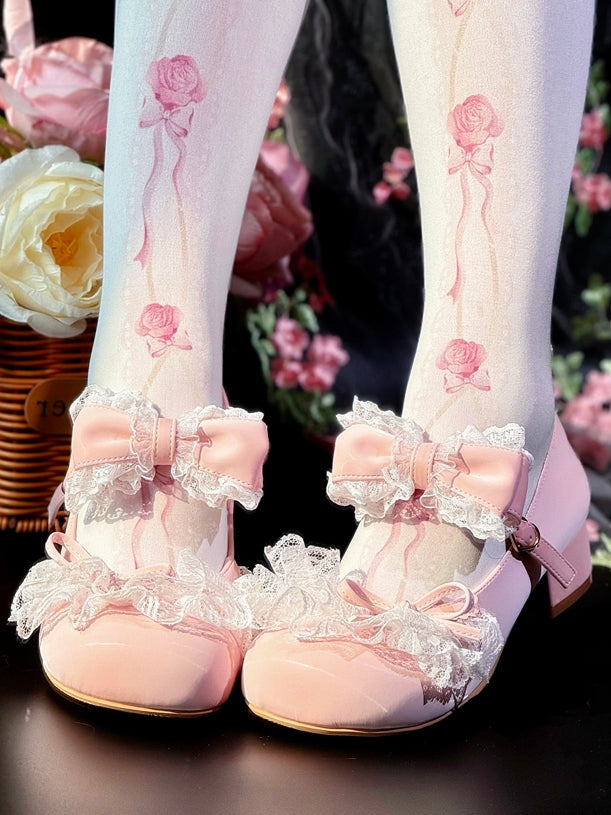 Pink Bowknot Details Lace Trim Round Toe Lolita Shoes