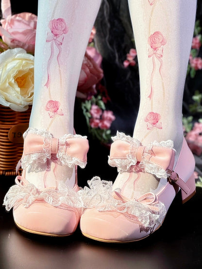 Pink Bowknot Details Lace Trim Round Toe Lolita Shoes