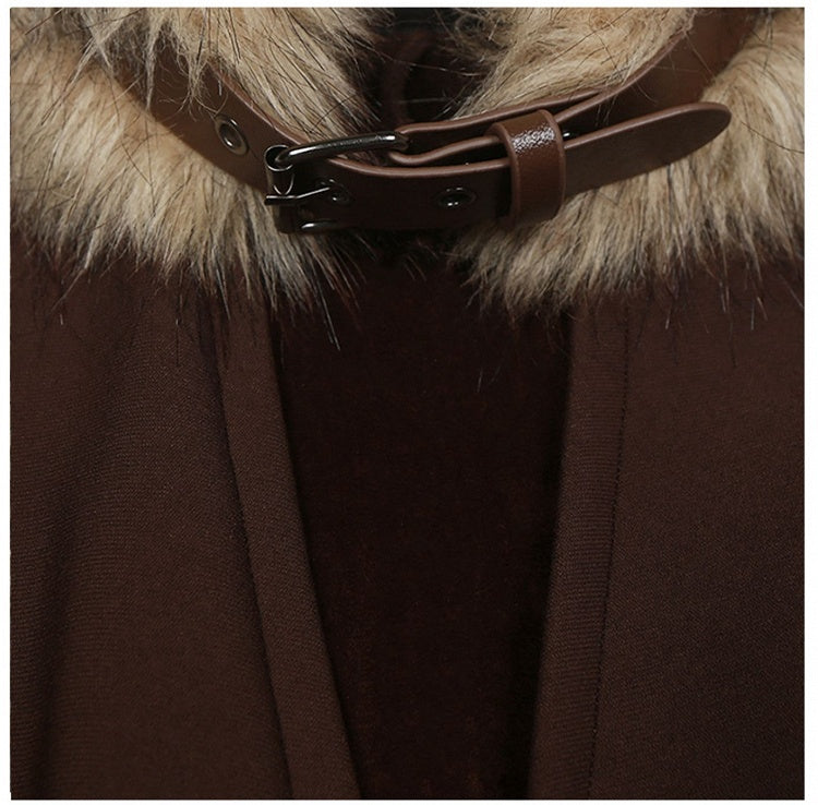 Buckle Strap Dark Coffee Wasteland Punk Top with Plush Collar and Cuffs