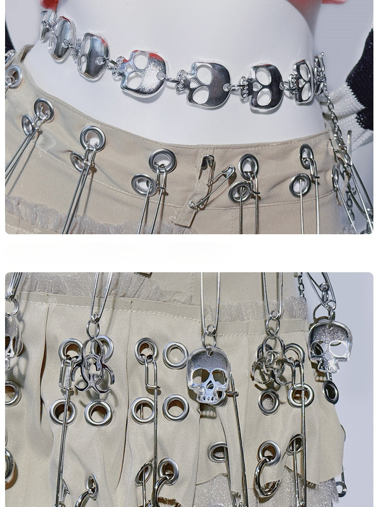 Punk Khaki Asymmetrical Hem Pin Skeleton Cross Design Skirt
