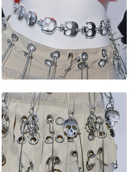 Punk Khaki Asymmetrical Hem Pin Skeleton Cross Design Skirt