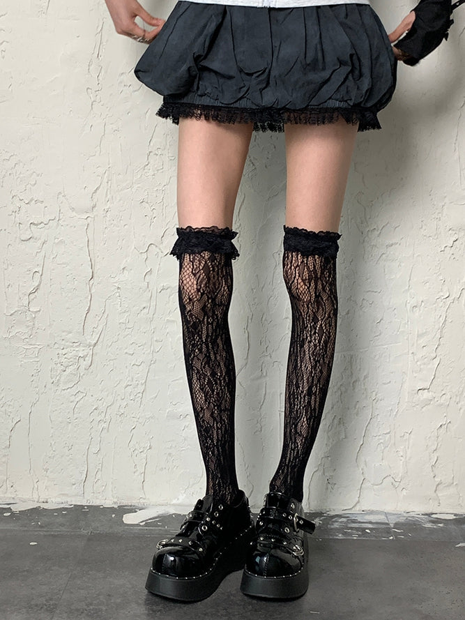 Black Gyaru Fashion Hollow-out Design Ruffled Cuff Overknee Stockings