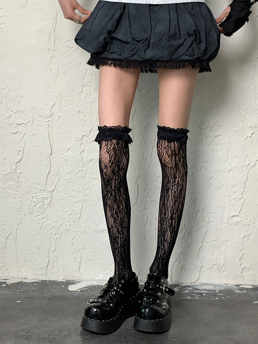 Black Gyaru Fashion Hollow-out Design Ruffled Cuff Overknee Stockings
