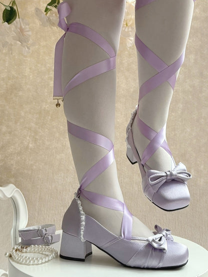 Purple Elegant Bow at Top Mary Janes With 3 Detachable Buckle Ankle Straps