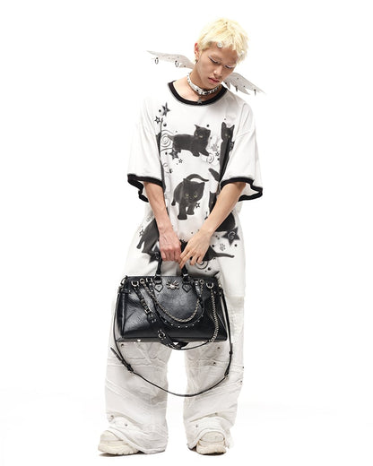 Black/White Angel Wings Stud Details PU Buckle Strap Choker