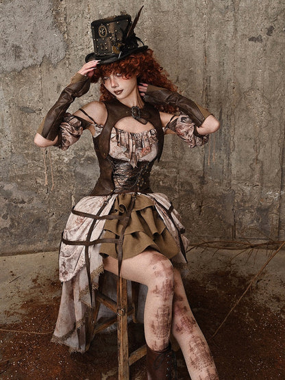 Brown PU Leather Vintage Steampunk Waistcoat Detachable Birdcage