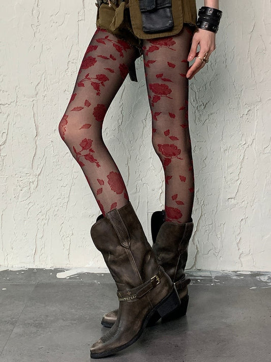 Black&Red Gothic Rosette Pattern Tights