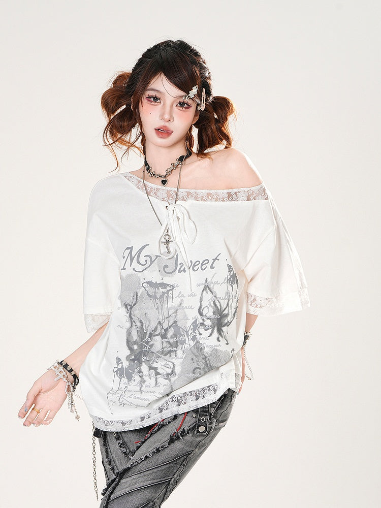 Asymmetrical Neckline Lace Trim Butterfly Print Black/White Loose T-shirt