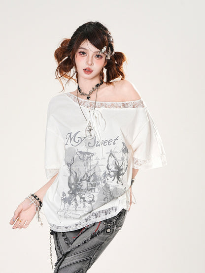 Asymmetrical Neckline Lace Trim Butterfly Print Black/White Loose T-shirt
