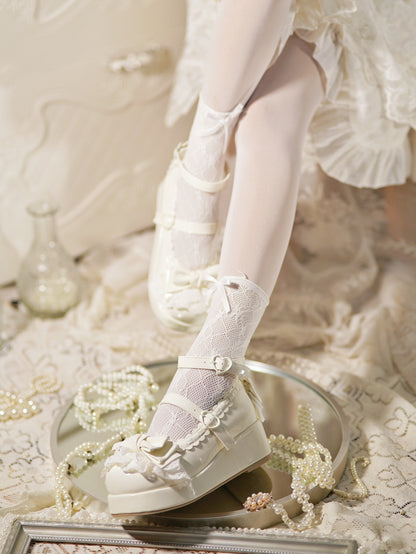 Milky White Bow at Top Lace Trim Heart Buckles Platforms