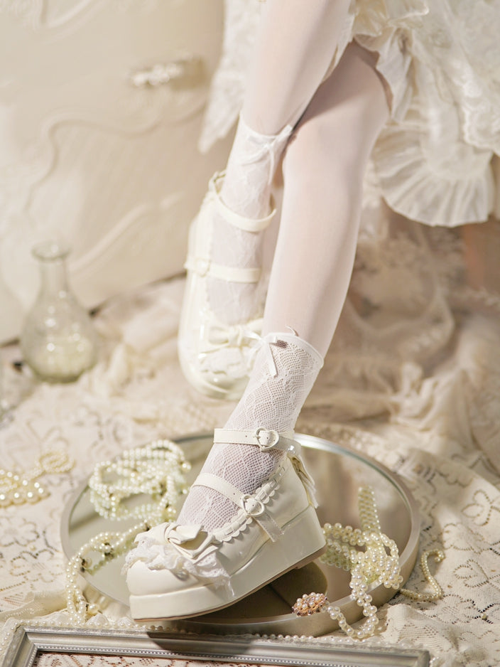 Milky White Bow at Top Lace Trim Heart Buckles Platforms