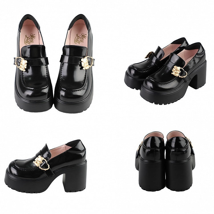 Polished Black Hugging Bear Heart Buckles Platform High Block Heels Slipons