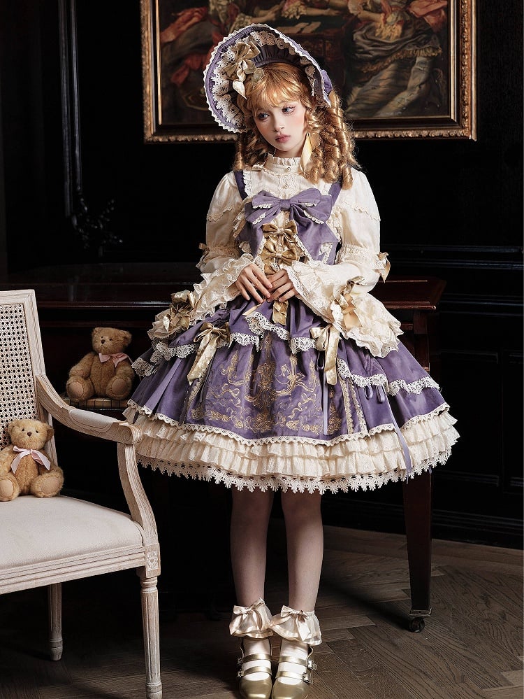 Bows Decoration Candle Embroidery Purple Velvet Dress Lolita JSK / Set