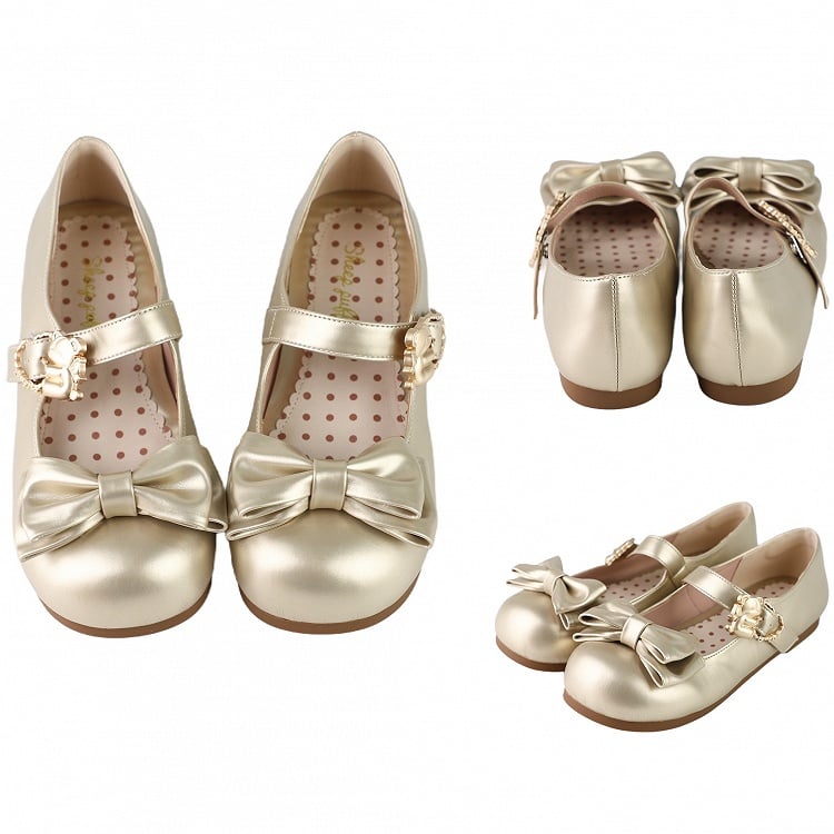 Gold Bow at Top Sweet Lolita Flats with Hugging Bear Heart Buckles