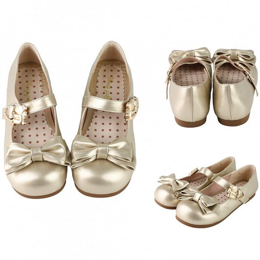 Gold Bow at Top Sweet Lolita Flats with Hugging Bear Heart Buckles
