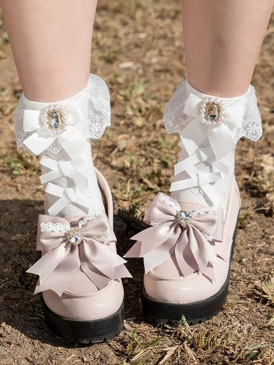 White/Black Jirai Kei Bowknot Details Rhinestone Lace Cuffs Calf Socks