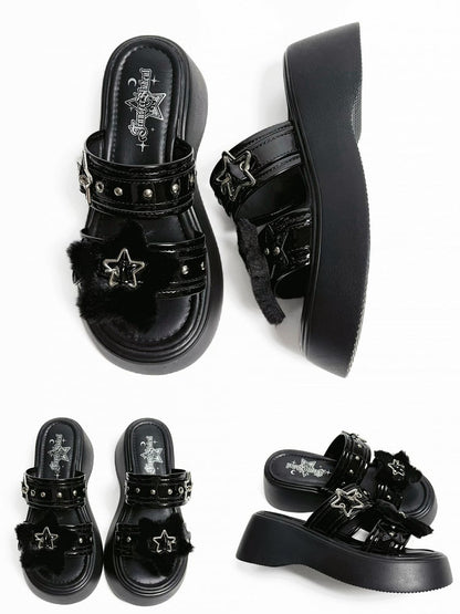 Alt-Goth Black Platform Slippers – Star Buckles, Metal Studs & Fleece Top