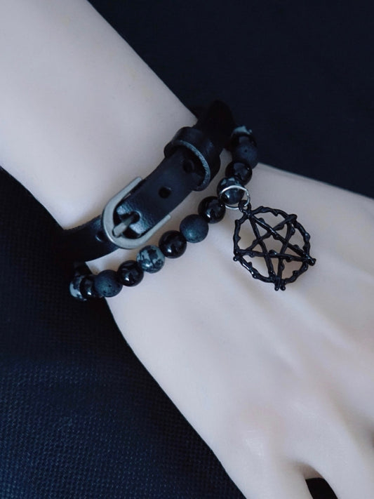 Black Gothic Star Charm Beaded Bracelet Set