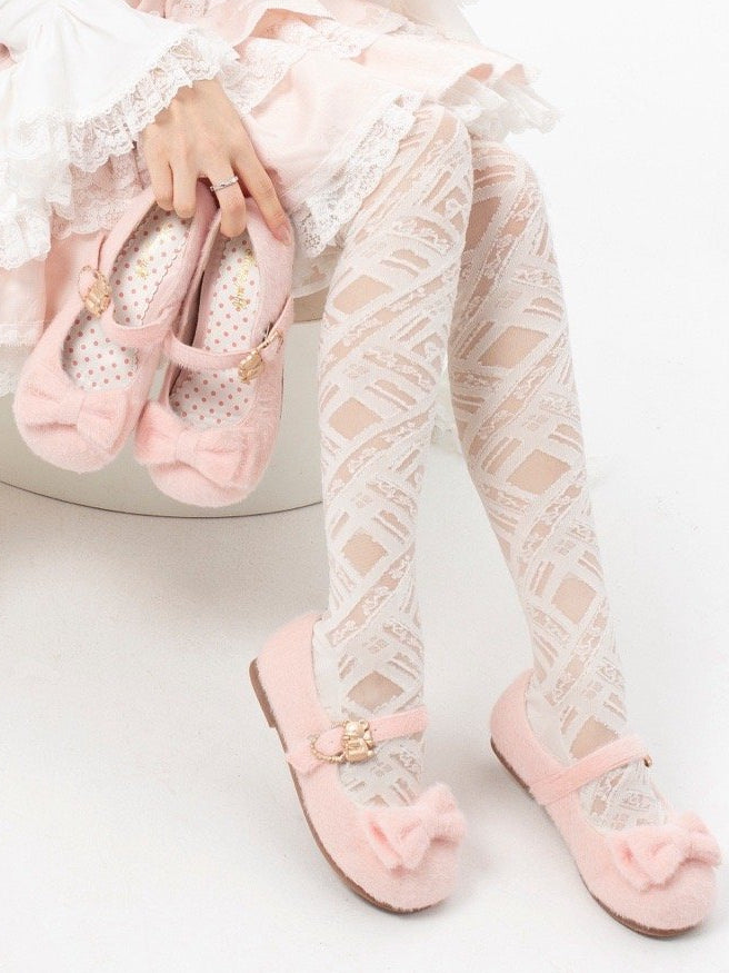 Plush Sweet Pink Flat Shoes for Lolita with Decorative Bow & Hugging Bear Clasps - Regular/Thicken Version