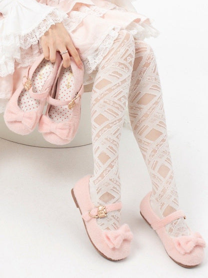 Plush Sweet Pink Flat Shoes for Lolita with Decorative Bow & Hugging Bear Clasps - Regular/Thicken Version