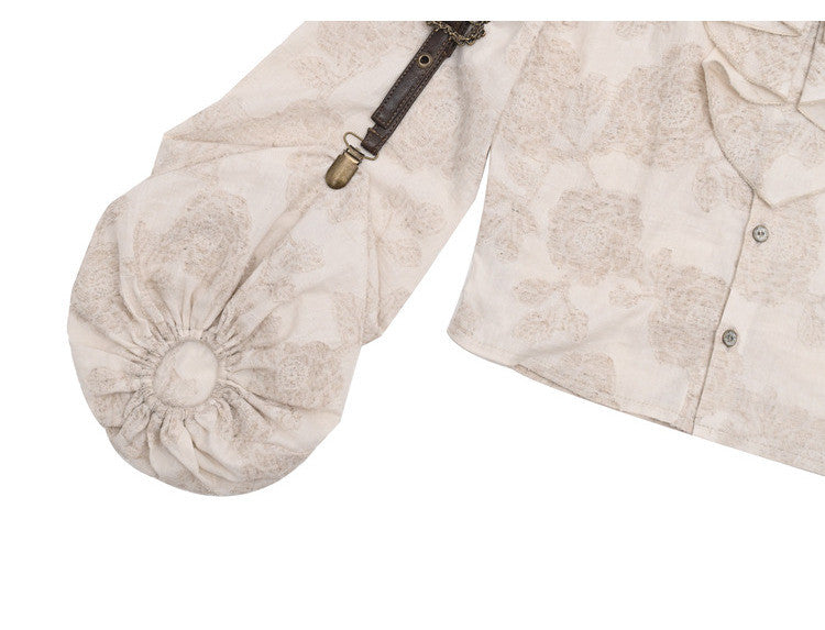 Ruffle Neckline Apricot Steampunk Balloon Sleeves Shirt