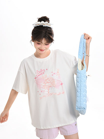 Sweet Pink Bunny Print White Round Neck Loose T-shirt