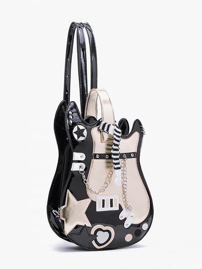 Black & Gold Star Design Sweetheart Embroidered Guitar-shaped Bag