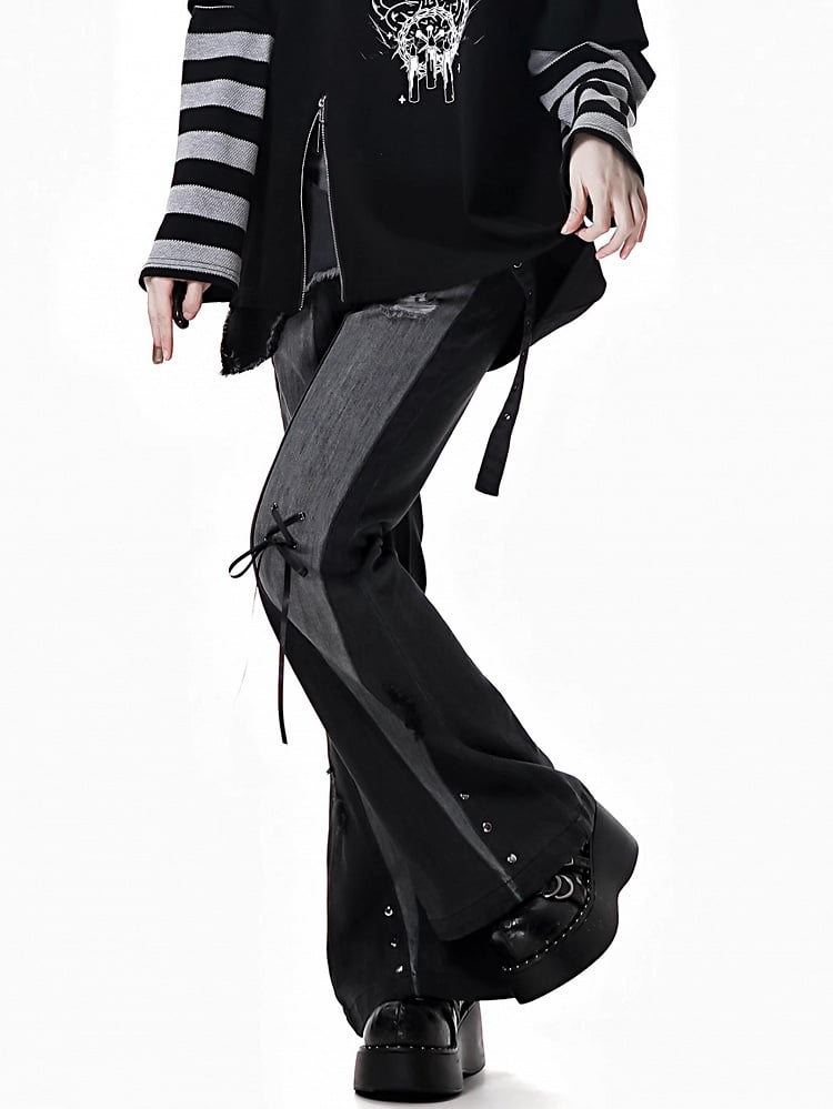 Black Distressed Holes Asymmetrical Waistline Flared Jeans