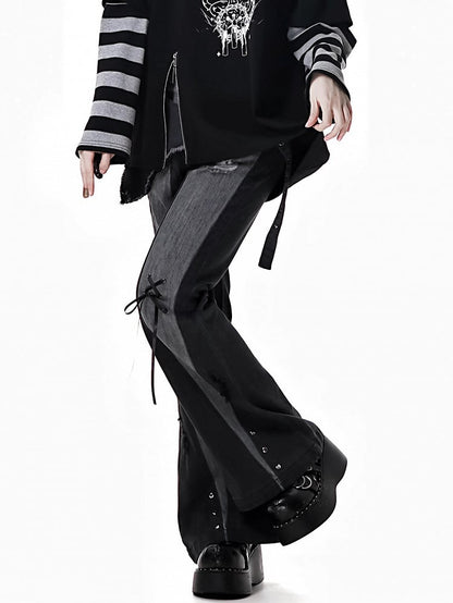 Black Distressed Holes Asymmetrical Waistline Flared Jeans