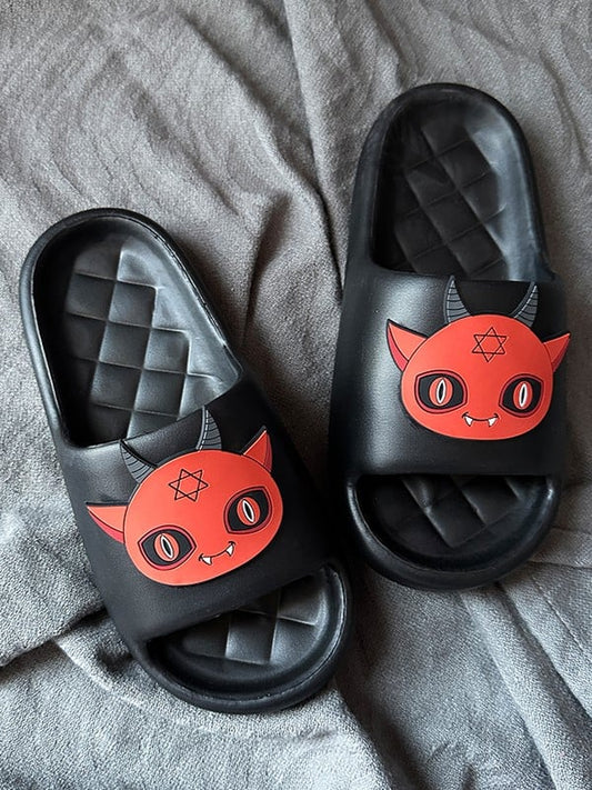 Black Gothic Summer Slippers With Red Devil Applique