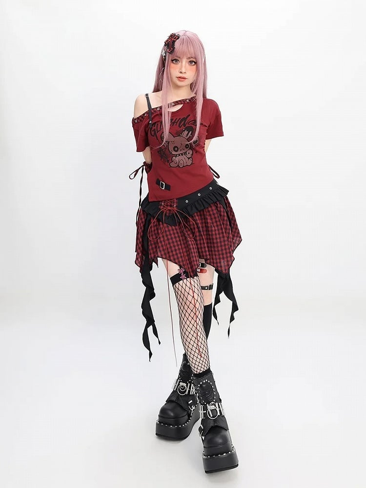 Red/Black Asymmetrical Neckline Bunny Print Y2K T-Shirt with Free Armwear