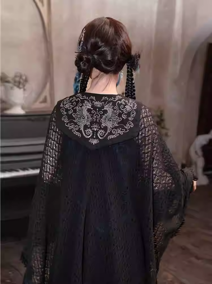Tassel Hem Black Cheongsam Style Hollow-out Cape Cardigan with Detachable Seahorse and Coral Embroidery Collar
