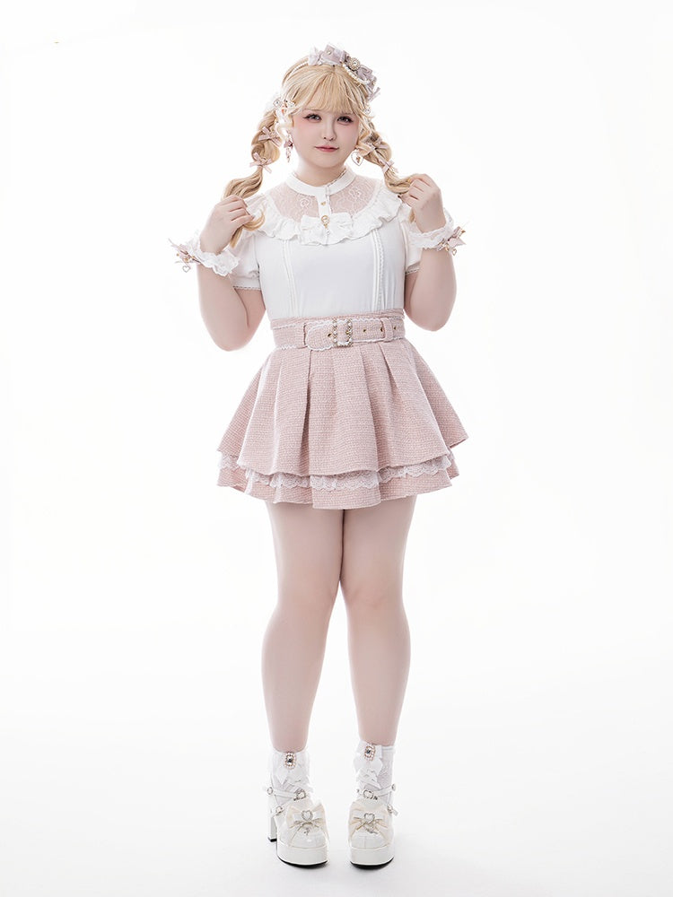 Jirai Kei White Illusion Neckline Cutout Shoulder Short Sleeve Blouse with Free Bowtie