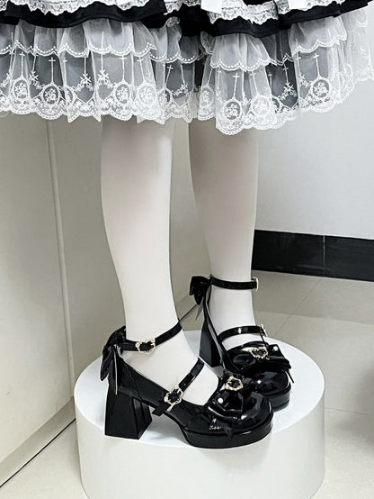 Black Bow Accent Crisscross Design Lolita Platform High Block Heels